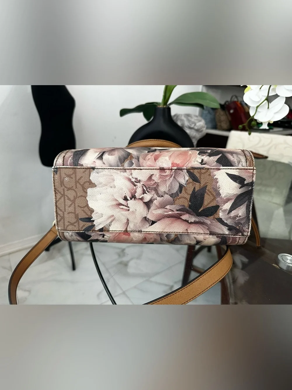Calvin Klein Floral Monogram Satchel Bag in Brown